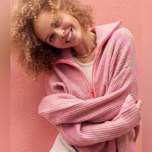 Aerie Quarter Zip Collared Knit Sweater Lip Gloss Pink/Orange Colorway Small